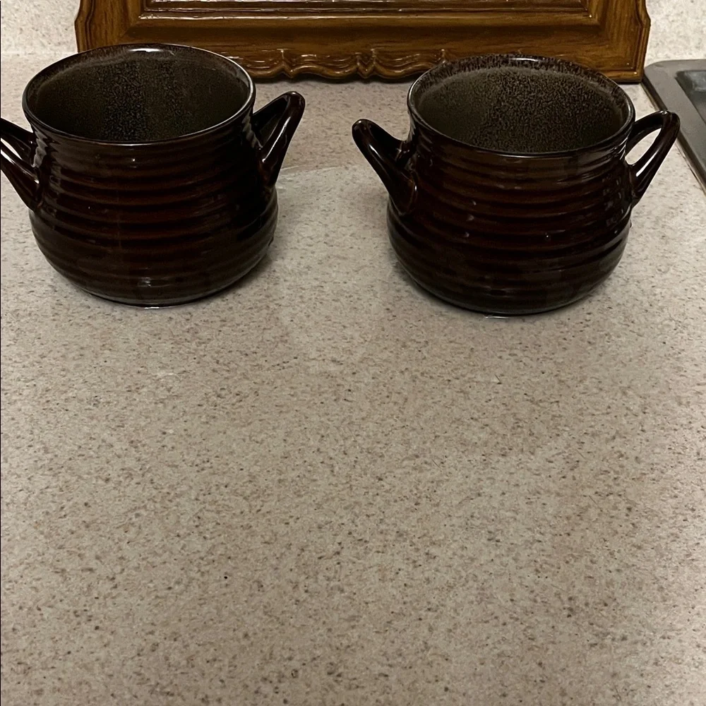 Crate&Barrel Dark Brown Ceramic Bowls with Handles